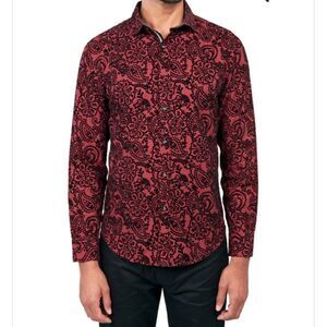 SOCIETY OF THREADS Flocked Paisley Mens Long Sleeve Button Down